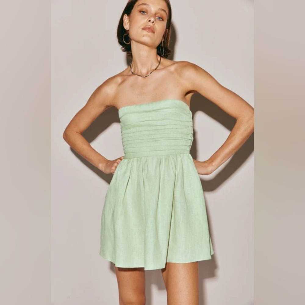 VRG GRL Saint Malo Linen Mini Dress in Mint Sage Green - US 4 Y2K Summer Cottage